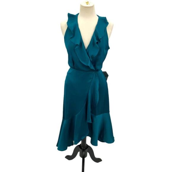 Taylor Ruffle Collar Faux Wrap Dress Blue Zircon Satin Size 10 NWT - Picture 1 of 7